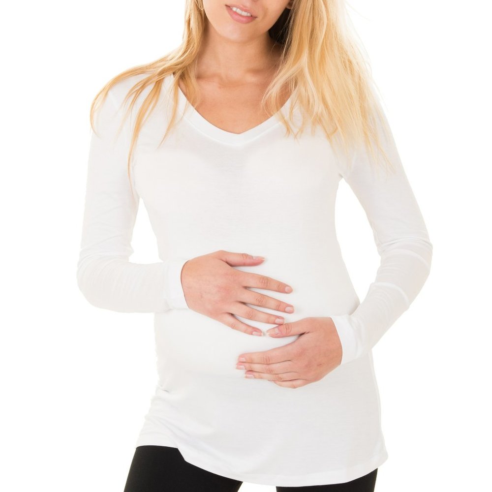Caramel Cantina Maternity Soft Long Sleeve V-Neck Shirt Ivory CC807 New NWT